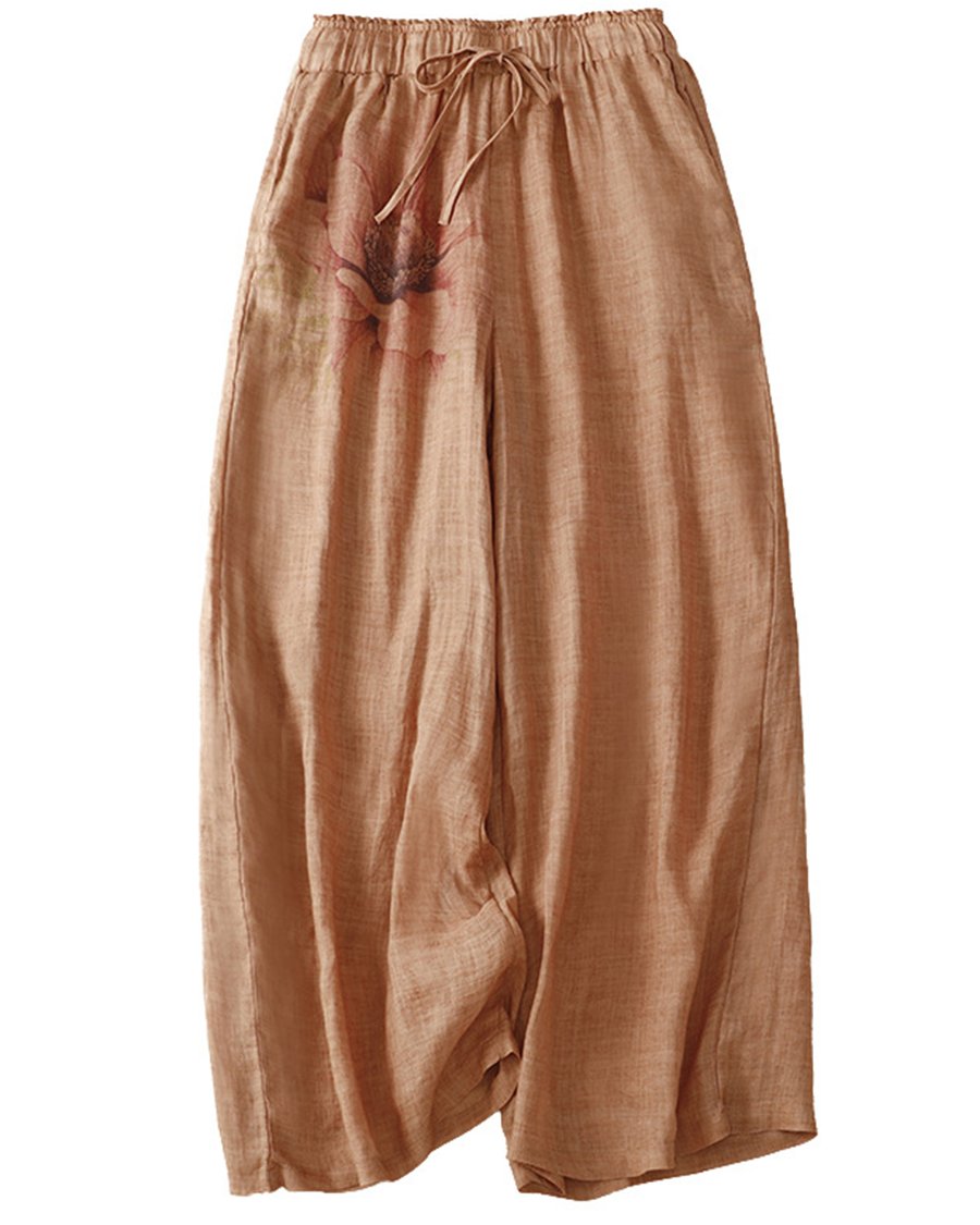 Baumwoll-Leinen-Hose mit platziertem Print und lässigem Temperament