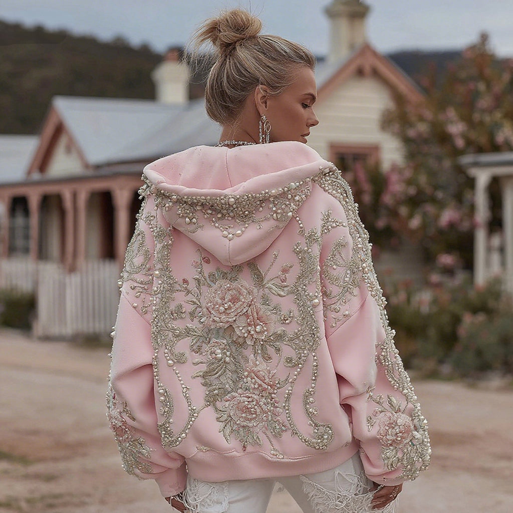 Damen Retro Boho Blumenstickerei Freizeit-Kapuzenpullover