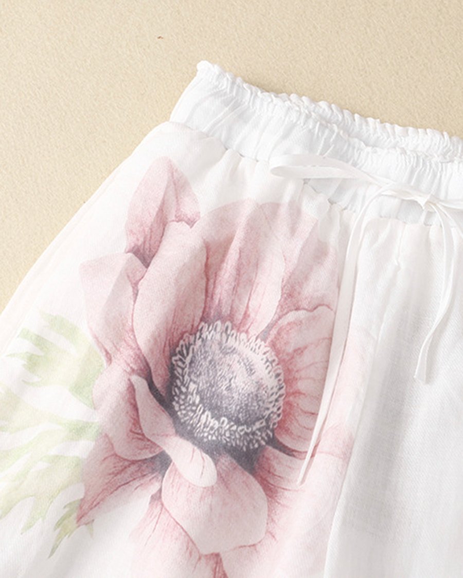 Baumwoll-Leinen-Hose mit platziertem Print und lässigem Temperament