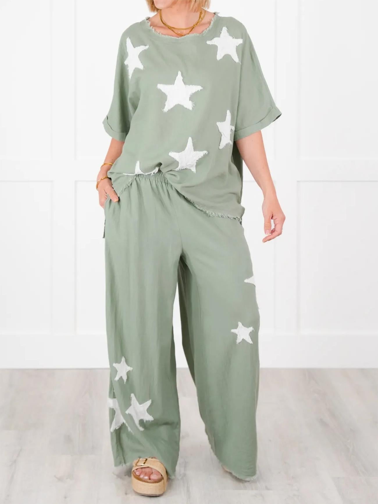 Zweiteiler-Set für Damen mit Stern-Patch im Freizeit-Stil (2 kaufen, kostenloser Versand)