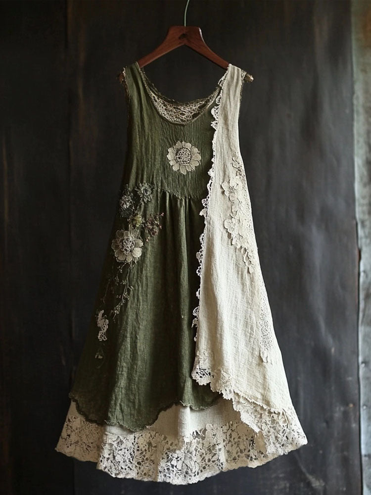 Vintage Floral Lace Patchwork Comfy Linen Tank Dress