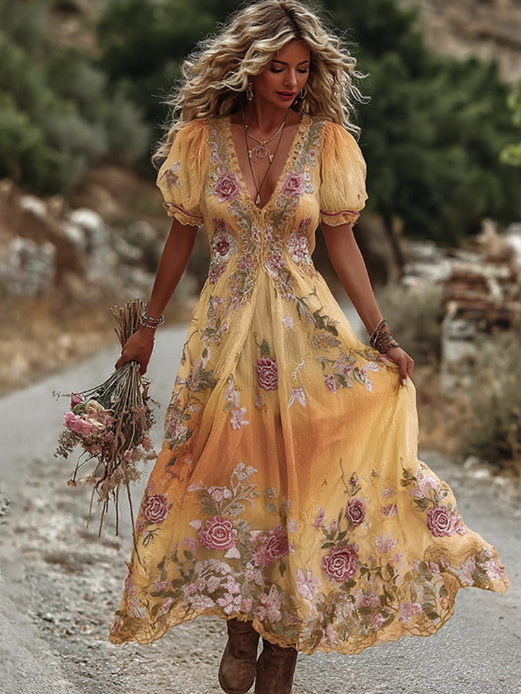 Damen Vintage Leinen Maxikleid mit Rosenstickerei