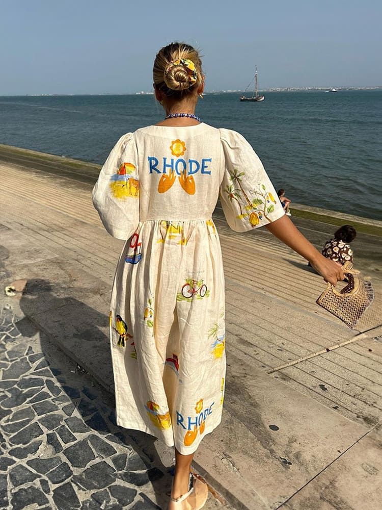 Unique floral print puff sleeve vacation midi dress