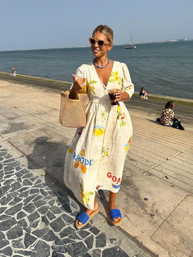 Unique floral print puff sleeve vacation midi dress