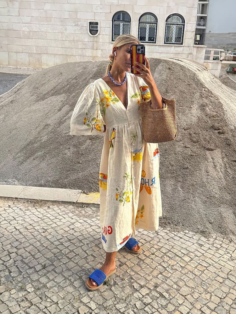 Unique floral print puff sleeve vacation midi dress