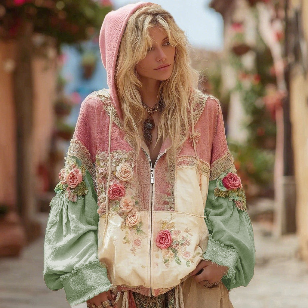 Damen Kapuzenpullover mit Blumenstickerei, Farbblock und Reißverschluss im Boho-Stil