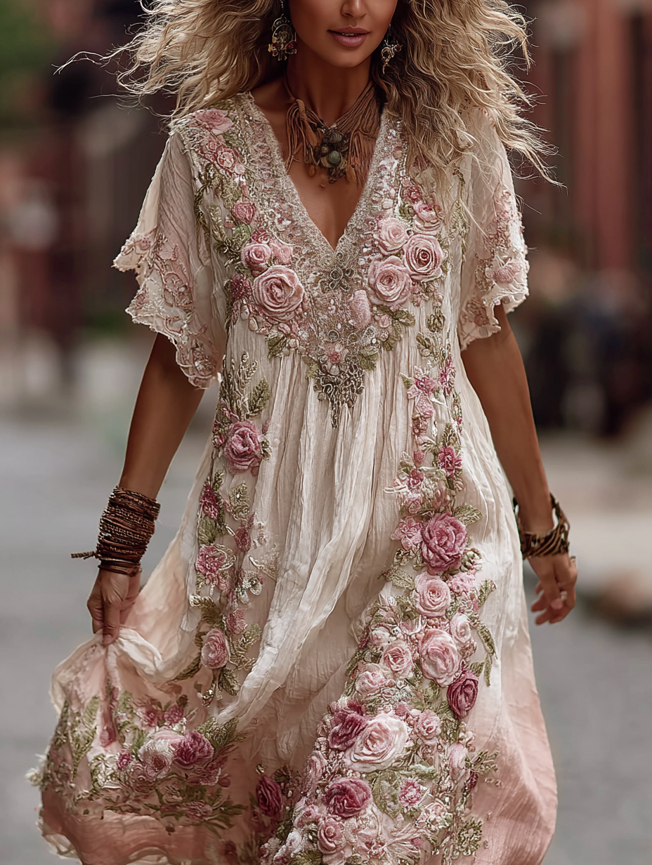 Damen Vintage Rosenstickerei Farbverlauf Rosa Kunst Bequemes Leinen Maxikleid