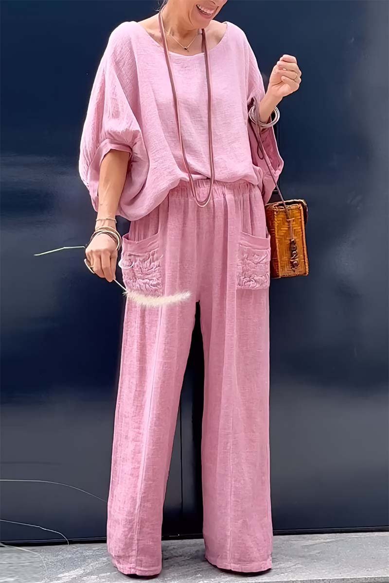 Damen Freizeit-Fledermausärmel-Oberteil und Hose, zweiteiliges Set aus Baumwolle und Leinen