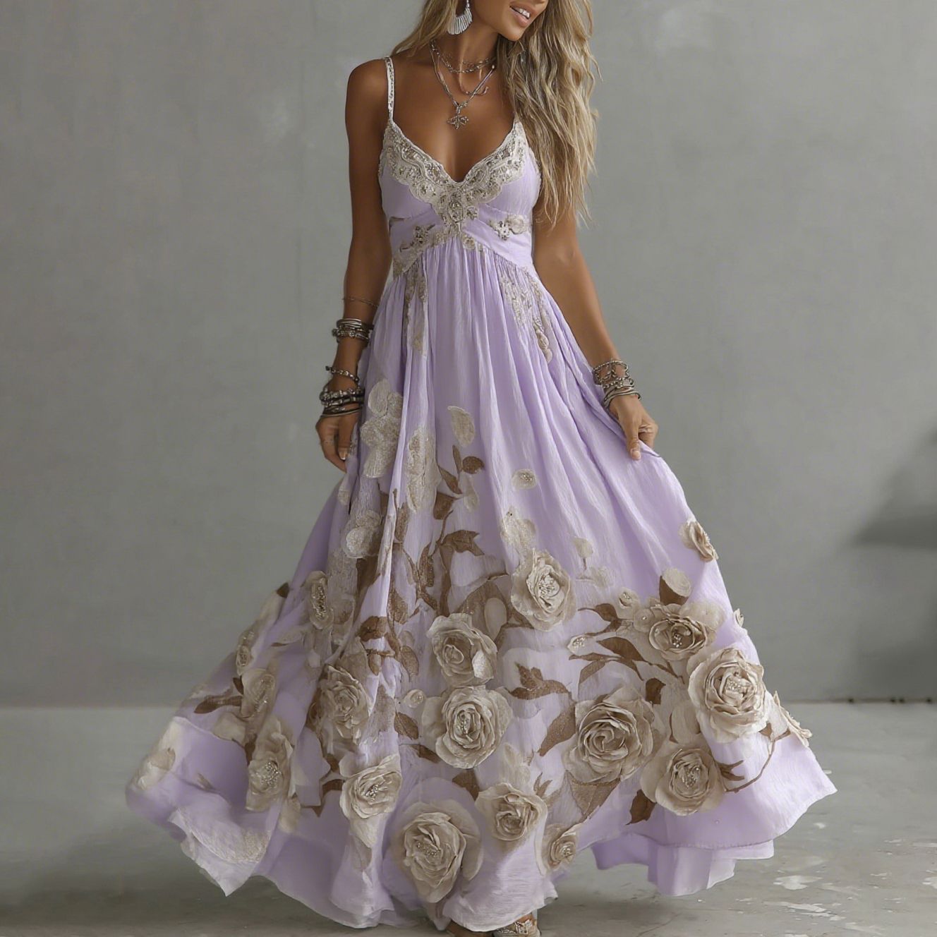 Damen Vintage Rosenstickerei Kunst V-Ausschnitt Träger Maxikleid