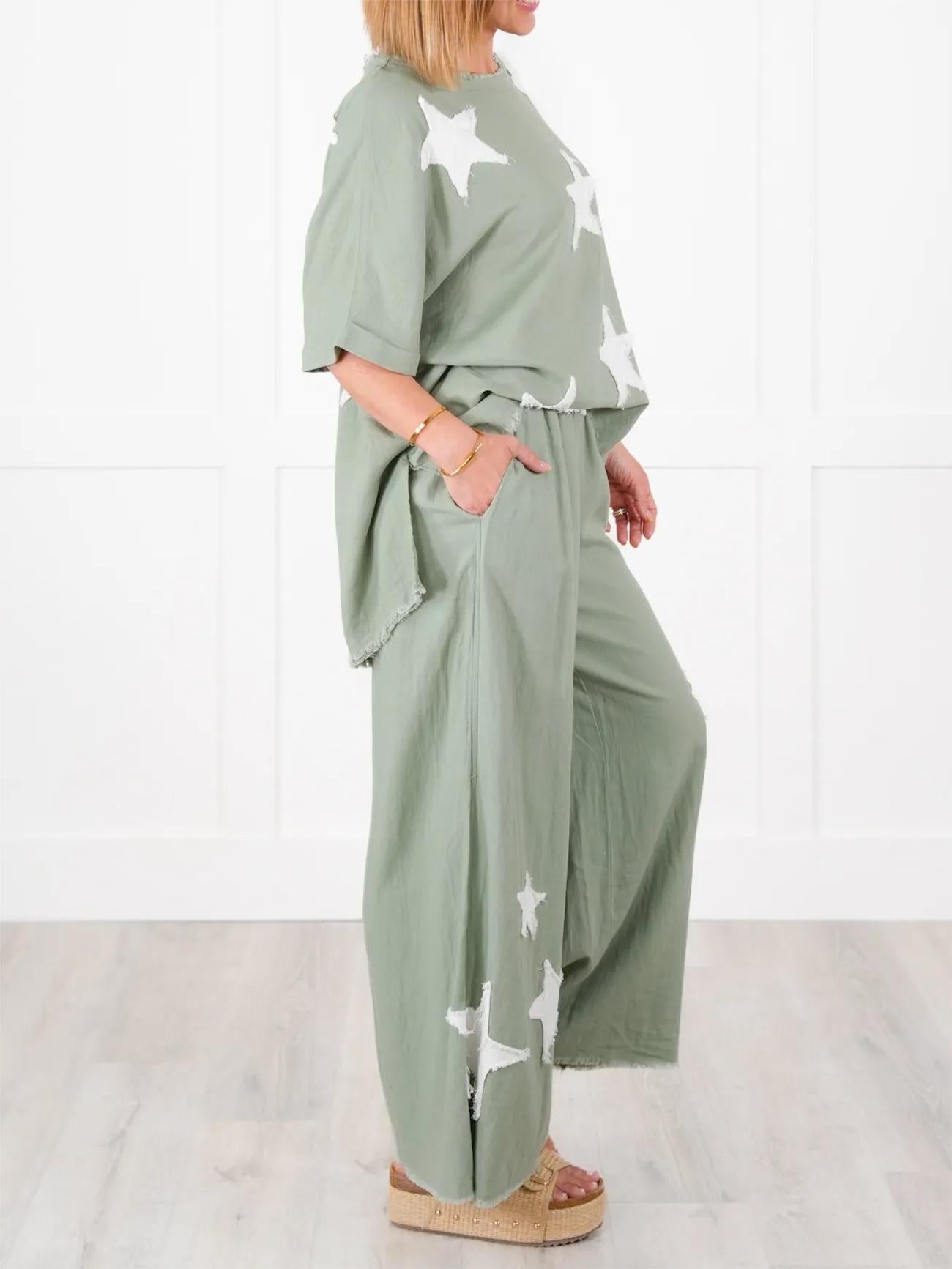 Zweiteiler-Set für Damen mit Stern-Patch im Freizeit-Stil (2 kaufen, kostenloser Versand)