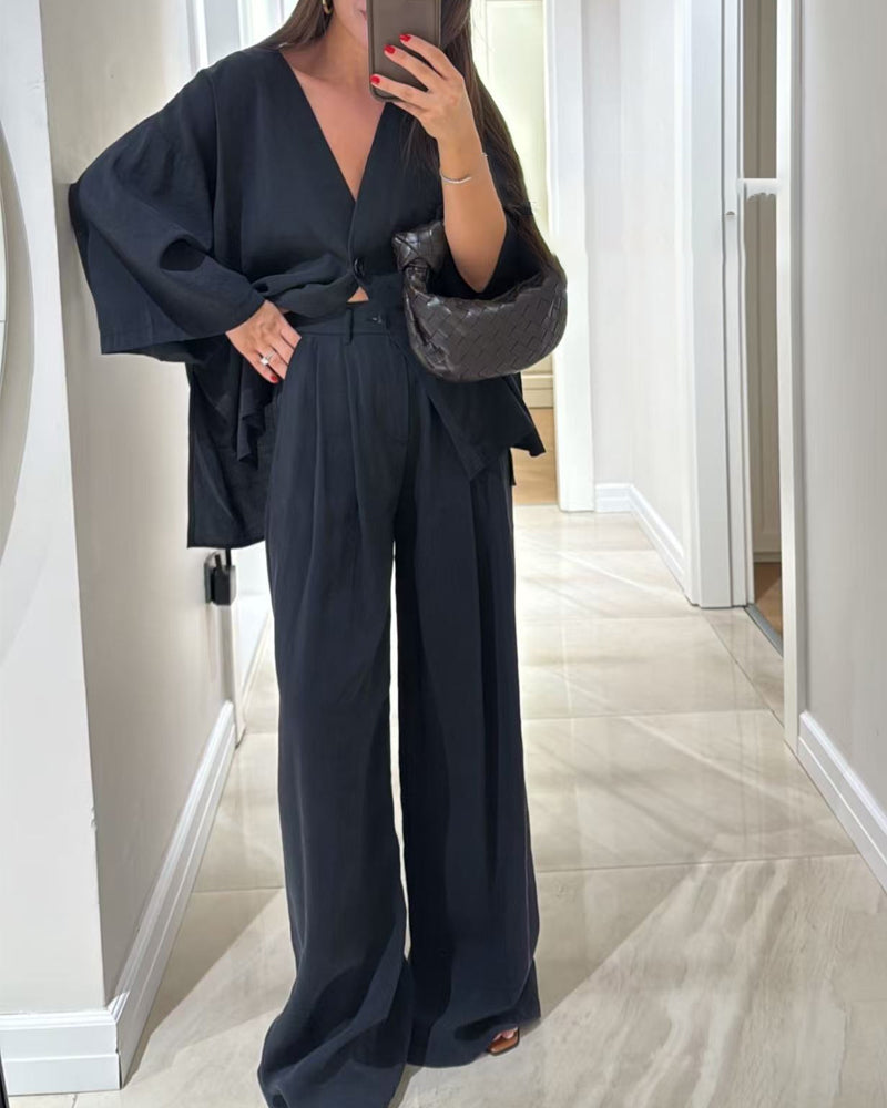 Freizeit-V-Ausschnitt-Oberteil & Hose zweiteiliges Set