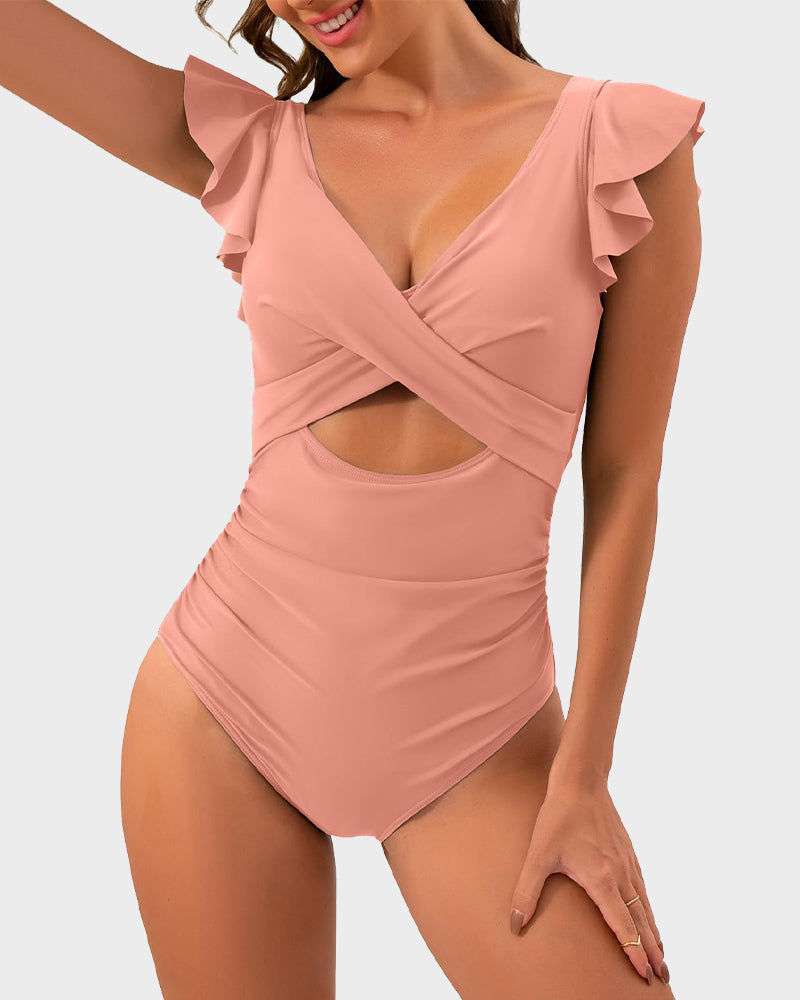 Badeanzug mit Rüschenärmeln, Cut-Out und Raffungen