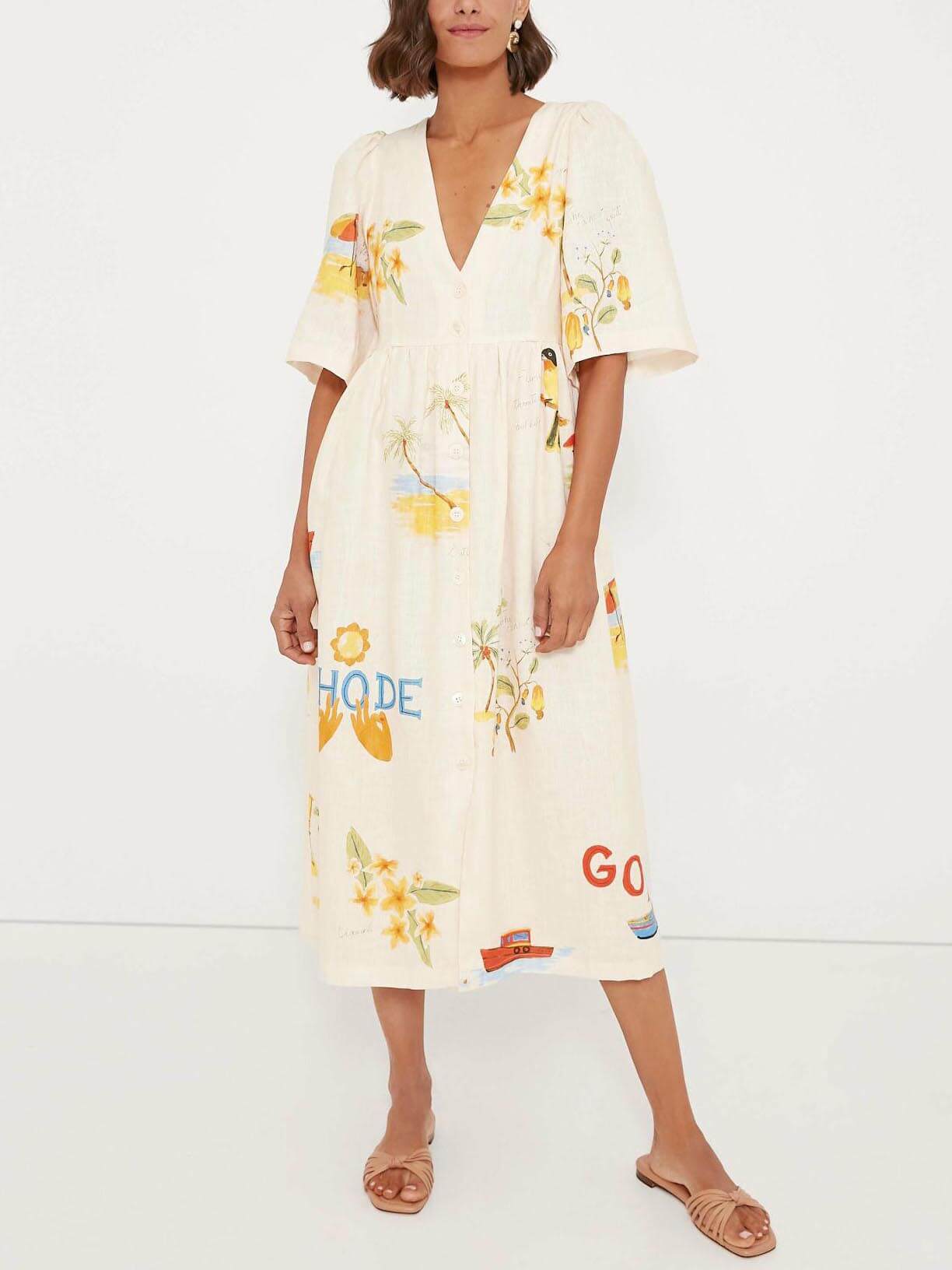 Unique floral print puff sleeve vacation midi dress