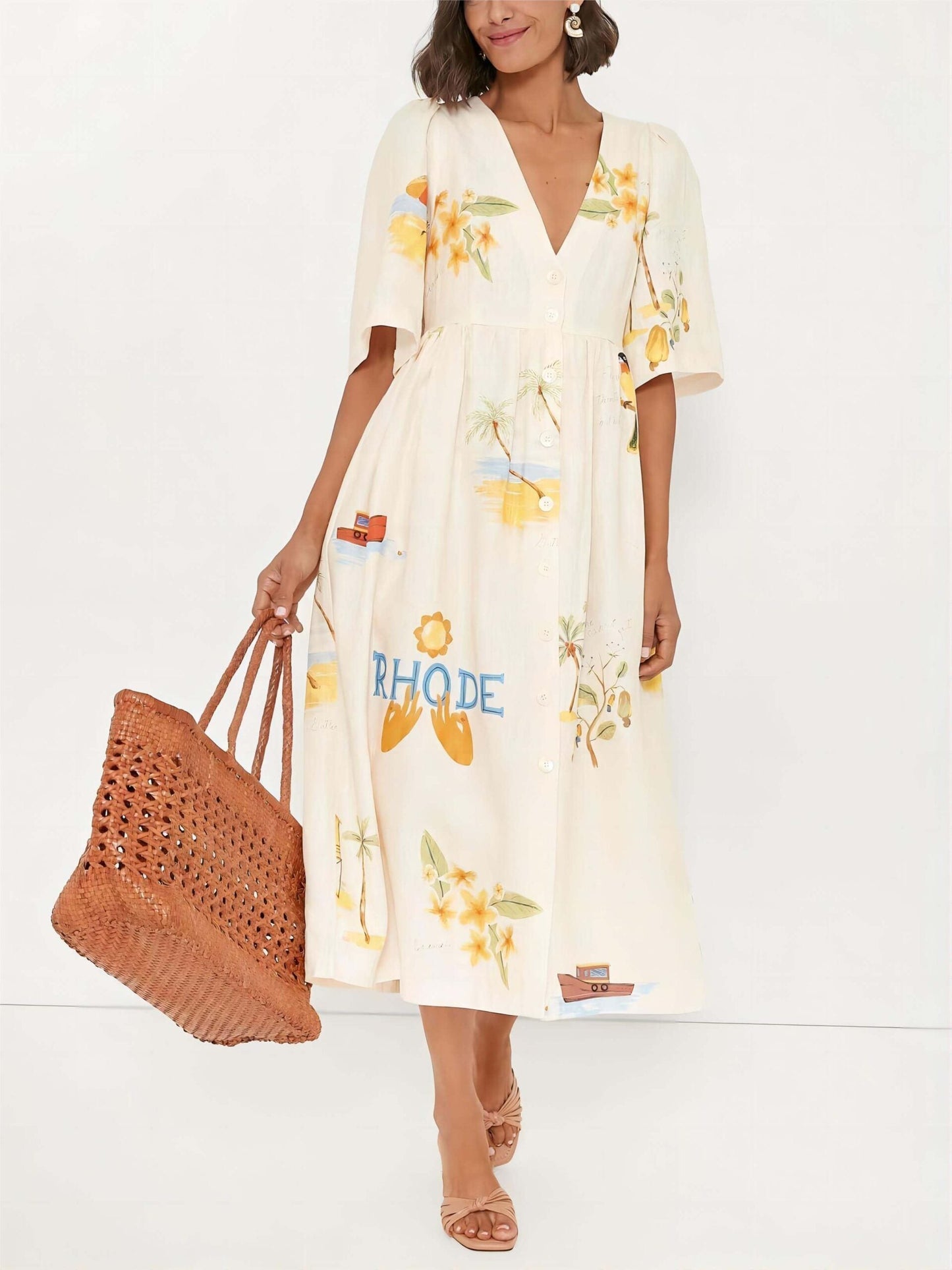 Unique floral print puff sleeve vacation midi dress